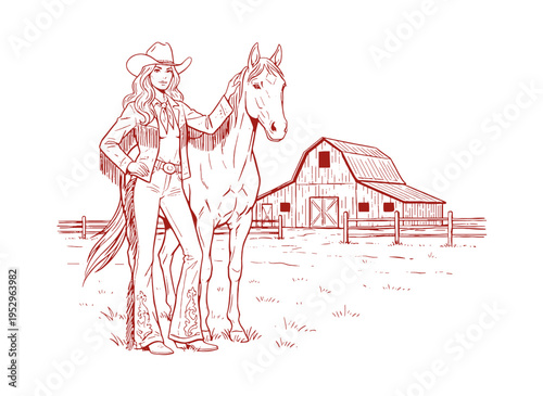 Cowgirl and horse vintage artwork for t-shirt. Ranch life design for apparel. Wild West cowgirl graphic. Country barn sketch. Western lifestyle.