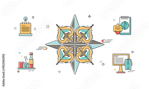 Mediterranean style tile design centered on a repeating ornamental motif with curved lines and symmetrical balance, expressing warmth and traditional