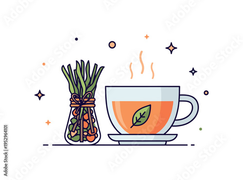 Herbal tea preparation from dried leaves illustrated by a teacup beside a small bundle of preserved herbs, conveying warmth, comfort, and homemade wellness