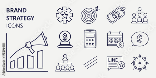 Brand Strategy and Marketing business line megaphone target money calendar