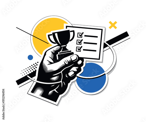 A black and white hand holding a minimalist trophy or completed checklist card, intersected by clean lines and circles suggesting closure and clarity, white