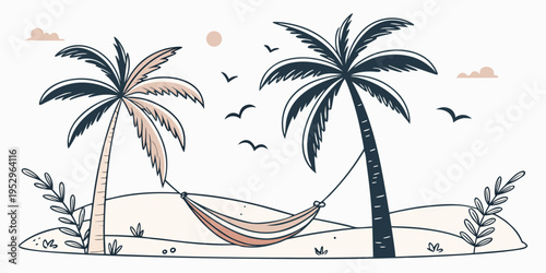 Beach scene with hammock between two palm trees tropical vacation