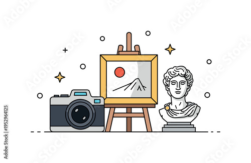Artistic achievements in photography, painting, and sculpture unified creative scene showing a camera, an easel with a framed canvas, and a small classical