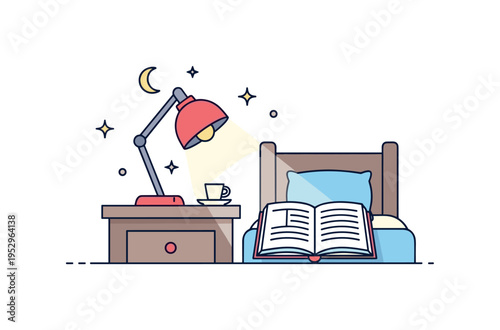 Night reading ritual showing a bedside table with a glowing lamp and an open book conveying tranquility and mindful end of day reflection. Tiny star accents