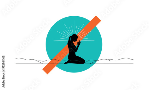 Black and white figure kneeling in open landscape, bright teal circular backdrop isolating the silhouette, sharp orange rectangular accent slicing diagonally