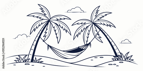 Black and white beach scene with hammock and palm trees tropical vacation