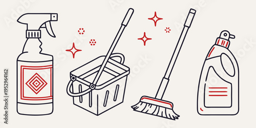 Cleaning supplies and tools spray bottle bucket