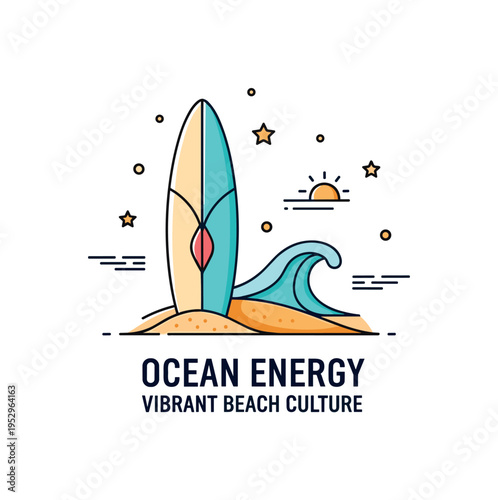 Extreme sports surf lifestyle badge with a vertical surfboard planted in sand beside a minimal wave icon and small sun detail, symbolizing coastal identity and