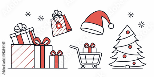 Christmas Shopping and Symbols Christmas tree gifts shopping cart Santa hat holiday shopping
