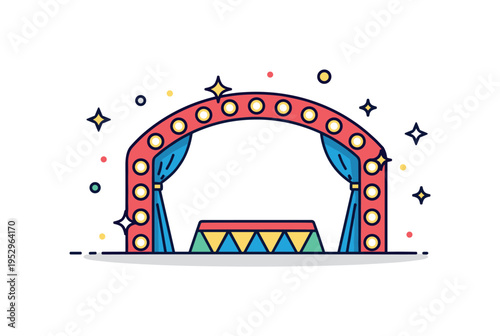 Circus stage illumination curved row of bright bulbs framing a simple performance platform with subtle star accents, conveying glamour and theatrical focus.