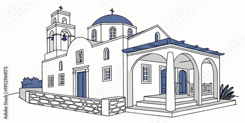 Church with blue domes and bell tower white line architecture