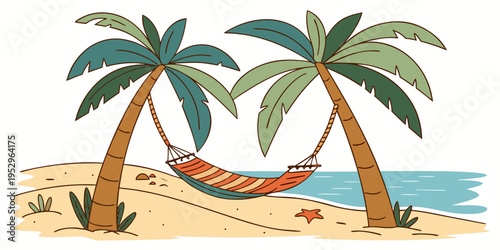 Cartoon beach scene with hammock and palm trees tropical vacation