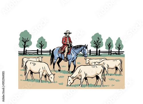 Cowboy on horse artwork. Vintage ranching design. Western cattle herding graphic for t shirt. Farm life illustration. Countryside landscape vector.