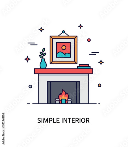 Fireplace mantel minimal decor badge showing a clean fireplace opening with a single framed artwork centered above, symbolizing simplicity and modern elegance.