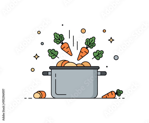 Winter farm to table meal simple pot with carrots and greens simmering gently, conveying hearty seasonal dishes and nourishing home cooking. Minimalist flat