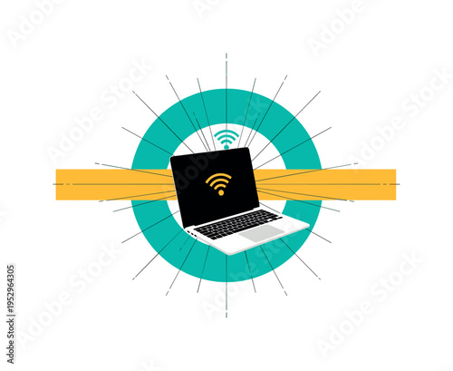 black and white laptop connected to Wi-Fi symbol, bold teal circular halo and mustard yellow rectangular bar crossing horizontally, thin structured lines