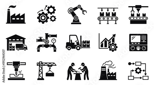 Collection of black and white industrial icons representing manufacturing and production processes.
