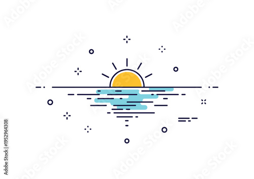 Sea horizon mindfulness theme represented by symmetrical water lines and a centered sun aligned perfectly with the horizon. A balanced and meditative visual