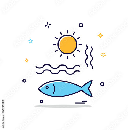 Ocean warming depicted as a minimal fish silhouette swimming beneath a sun icon with gentle wavy lines suggesting rising water temperature. A compact metaphor