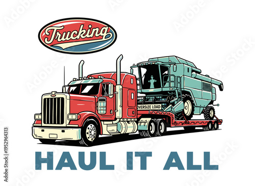 Heavy truck hauling combine harvester. Vintage trucking artwork for t shirt. Logistics and transport graphic design. Oversize load. Haul it all.