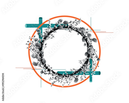 monochrome dried flower wreath forming imperfect circle, framed by bold orange circular frame and teal cylindrical shapes intersecting edges, abstract flat