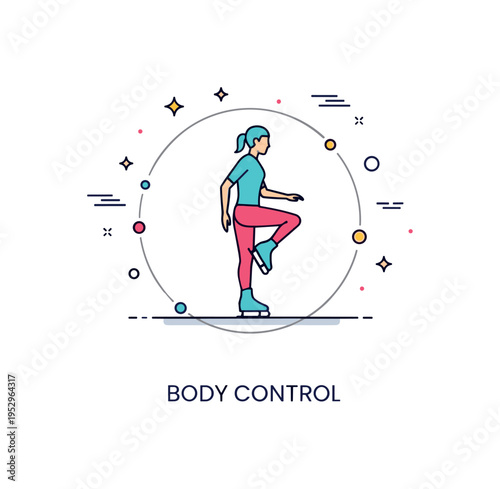 Skating and ice sports balance and posture exercise scene with a skater silhouette standing on one leg inside a soft circular guide line, symbolizing core