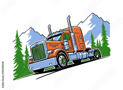 Mountain truck illustration. Road trip adventure. Big rig vintage artwork. Apparel and t shirt design. Trucker life.