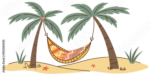 Hammock between two palm trees on sandy beach with starfish tropical vacation