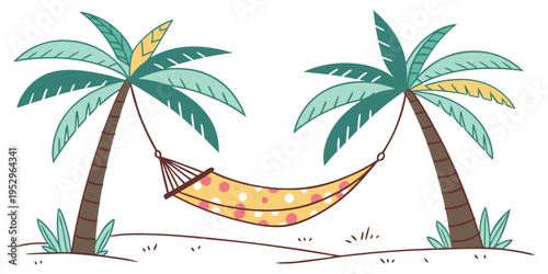 Hammock between two palm trees on sandy beach tropical vacation