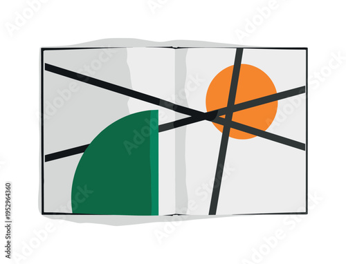 Black and white open sketchbook filled with nature-inspired abstract shapes, oversized green semicircle rising from bottom edge, bright orange circle partially