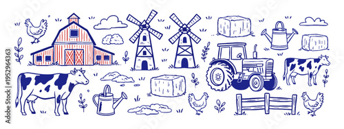 Farm life vector illustration set. Vintage barn and tractor artwork. Rural farm elements for t shirt design. Agriculture icons. Countryside sketch.