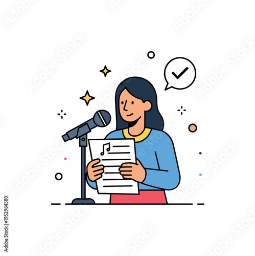 Audition preparation session featuring a singer holding sheet music while a small check mark icon appears nearby symbolizing readiness and confidence before