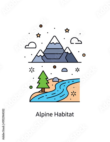 Landscapes and habitats mountain ecosystem scene with a single layered mountain silhouette rising above a small pine tree and river curve, expressing altitude