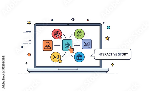 Digital storytelling interactive content experience with a laptop screen presenting clickable icons arranged like chapters, suggesting nonlinear storytelling