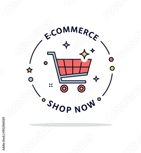 Ecommerce badge circular emblem combining simplified shopping cart silhouette and subtle sparkle accents labeled Shop Now, conveying modern retail call to