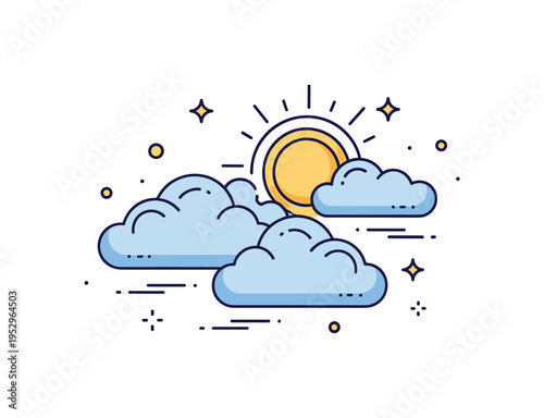 Eternal paradise landscape featuring floating clouds with a radiant sun disk and subtle star details, conveying serenity, timelessness, and divine harmony. A