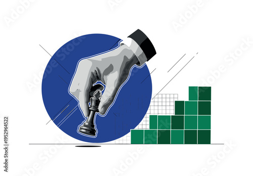 Black and white chess player knocking over king piece in victory gesture, oversized cobalt blue circle anchoring composition, emerald green blocks stacked like