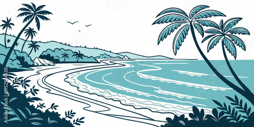 Serene beach landscape with palm trees and waves tropical vacation