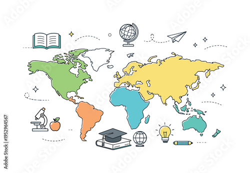 Global continents education. A world map with continents gently emphasized while oceans remain white, creating a clear visual hierarchy. The mood is