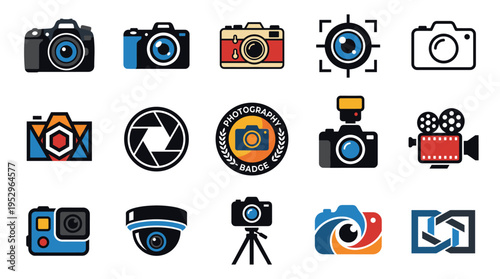 Collection of diverse camera icons and logos, including DSLR, vintage, action camera, security camera, and abstract photography symbols.