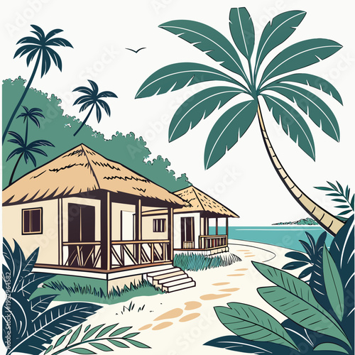 Tropical beach scene with huts and palm trees vacation