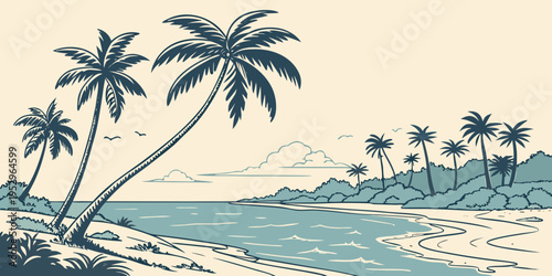 Tropical beach with palm trees and ocean waves at sunset sandy shore