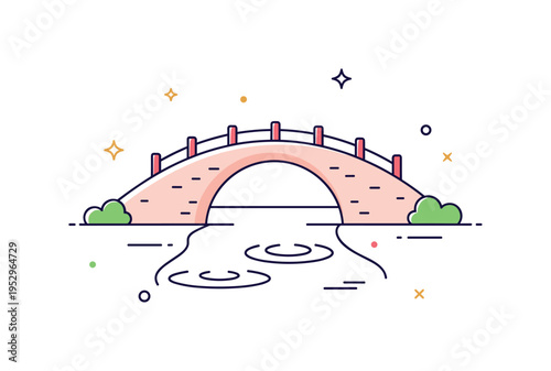 Bridge over calm river featuring a simple arched structure spanning gentle water lines with small ripple accents below, expressing connection and stability.