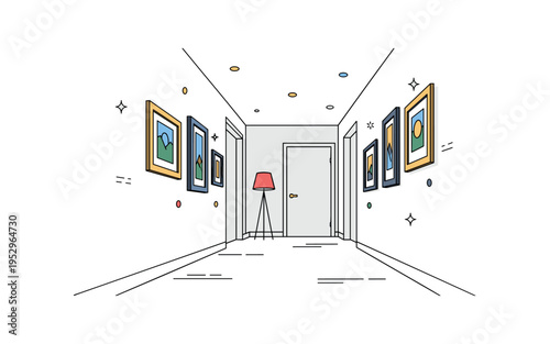 Modern hallway gallery narrow corridor scene with aligned frames guiding the eye along the wall, representing thoughtful design and everyday art appreciation