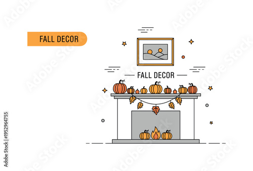 Fireplace mantel autumn decoration illustration with a minimal mantel shelf decorated by small pumpkin silhouettes and a framed artwork above, expressing