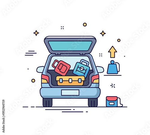 Lighten vehicle load trunk icon with a few items removed and a small upward arrow showing improved efficiency, symbolizing reduced weight for better gas