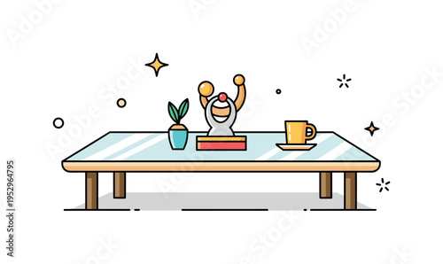 Luxury interior glass table polished transparent tabletop with subtle gold toned frame and a small decorative sculpture centerpiece, expressing premium design