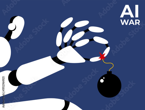 AI War Threat Concept Robot Hand Triggering Bomb Artificial Intelligence Danger Symbol.