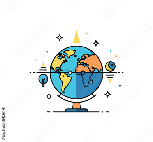 Equinox phenomenon illustration featuring a globe evenly lit from top to bottom with a balanced day and night split along the equatorial line, symbolizing