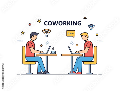 Cafe coworking concept with two simplified figures seated at small round tables working on laptops expressing community, networking, and collaboration. Subtle